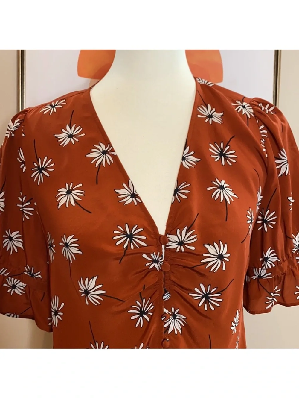 Madewell Silk Rust Floral Blouse Size 4 Button Up Top